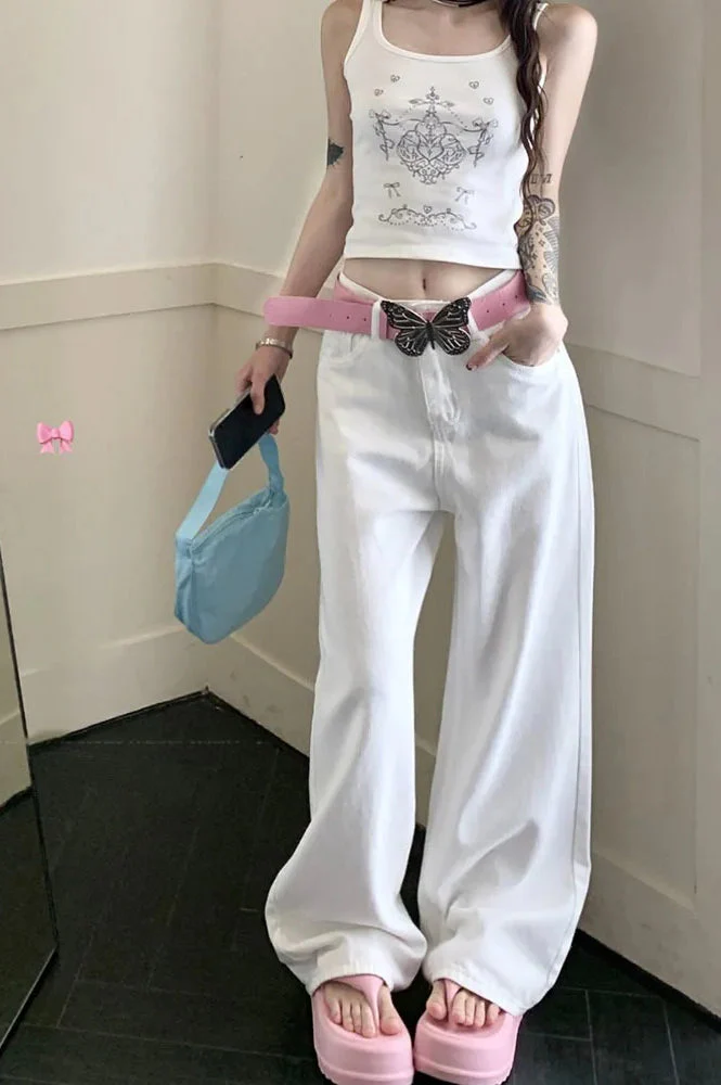 Embroidered Pink Bow Wide Leg Jeans - Image 23