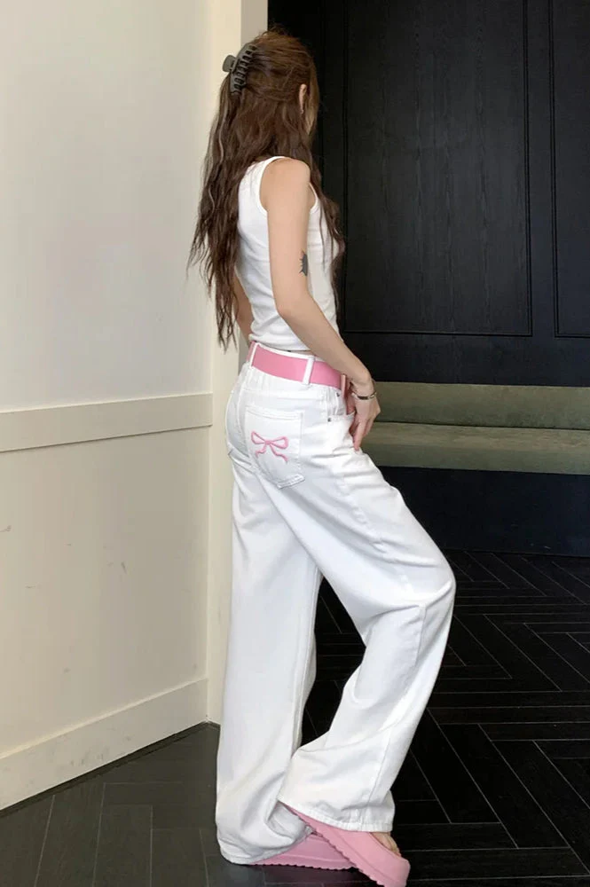 Embroidered Pink Bow Wide Leg Jeans - Image 6