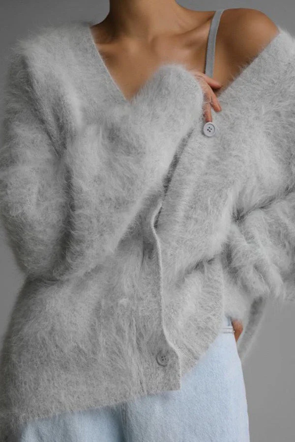 Faux Fur Blend V-Neck Cardigan - Image 3