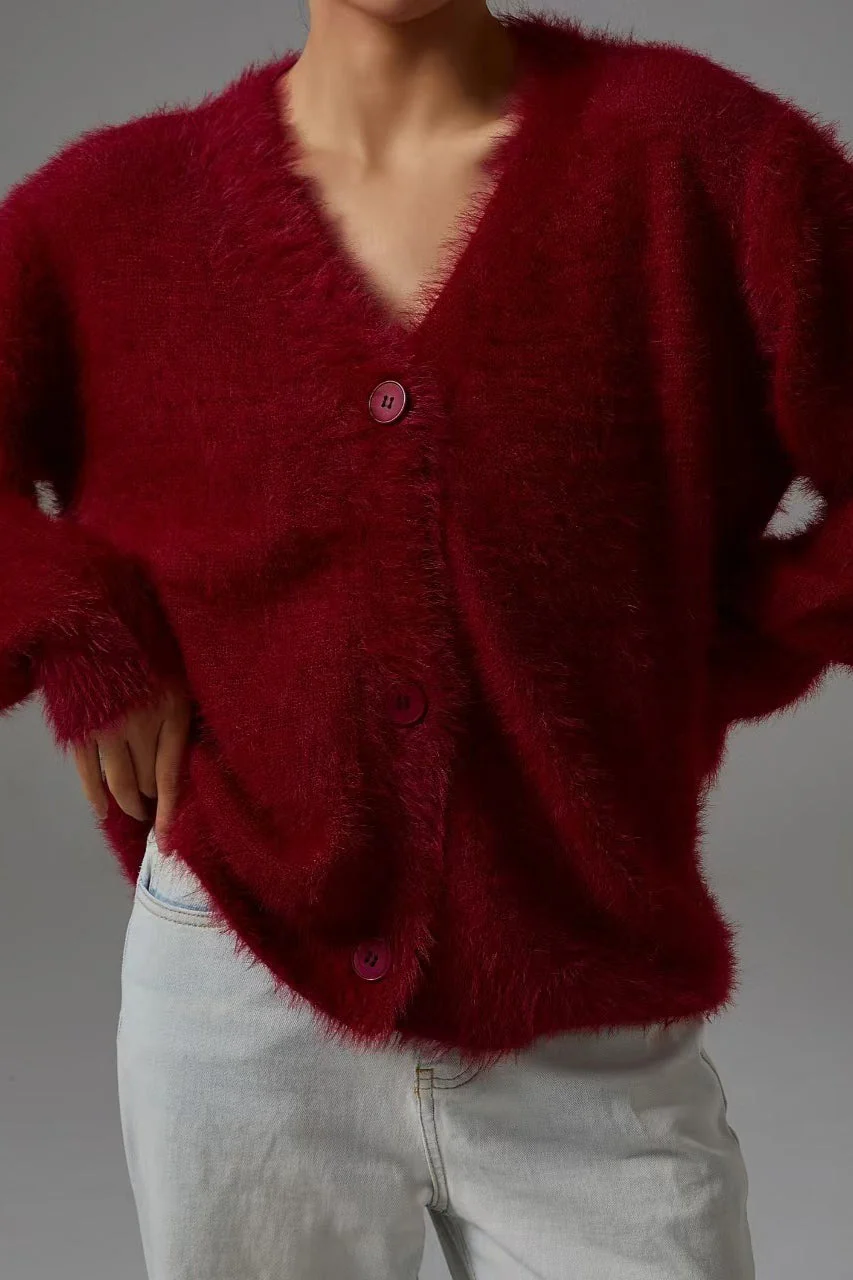 Faux Fur Blend V-Neck Cardigan - Image 5