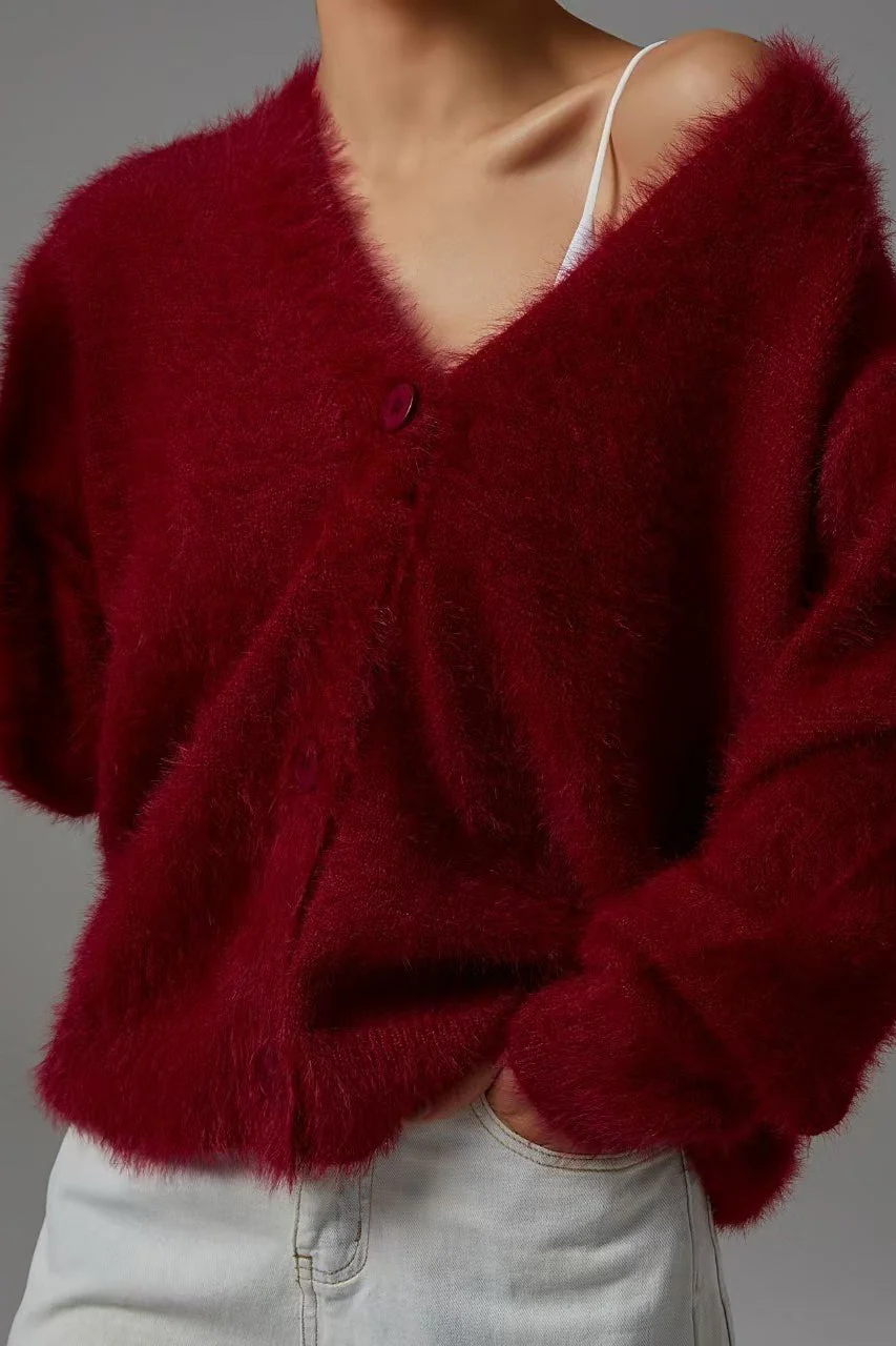 Faux Fur Blend V-Neck Cardigan - Image 6