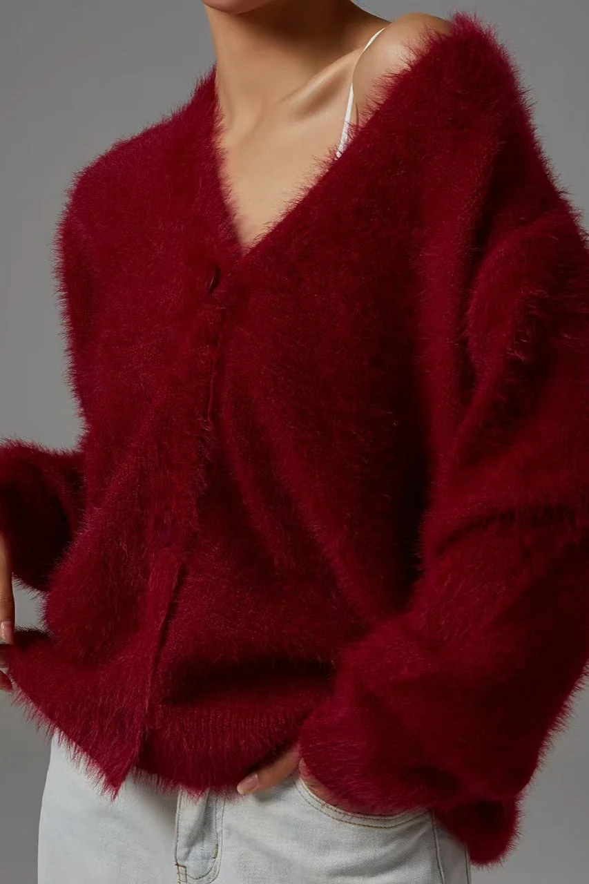 Faux Fur Blend V-Neck Cardigan - Image 7