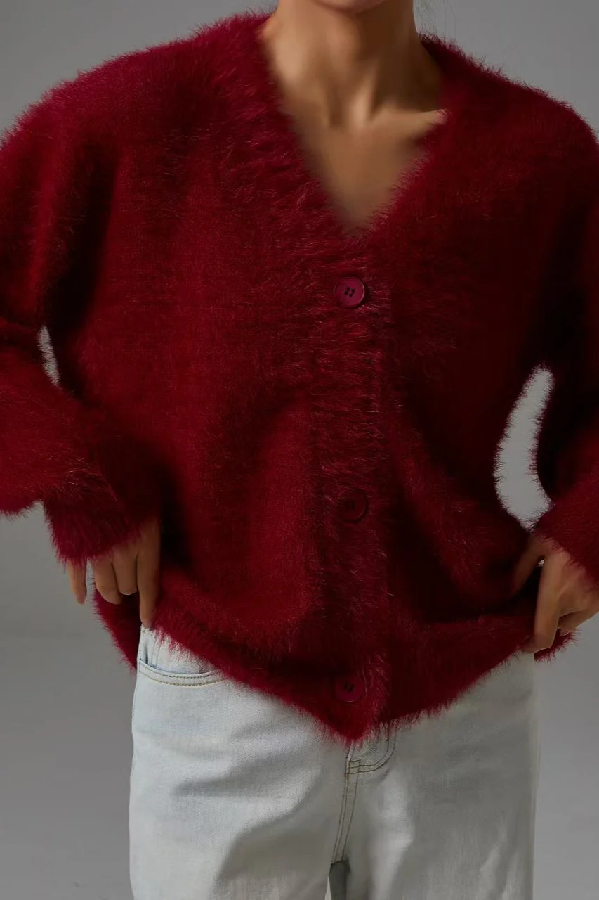 Faux Fur Blend V-Neck Cardigan - Image 8