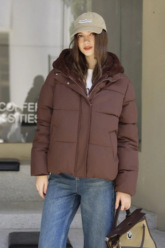 Faux Fur Panel Cropped Puffer Jacket - Image 3