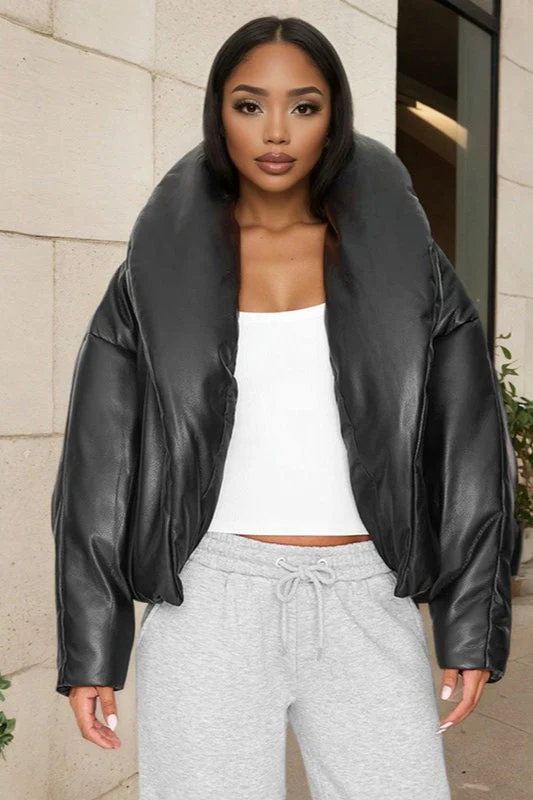 Faux Leather Stand Collar Cropped Puffer Jacket - Image 2