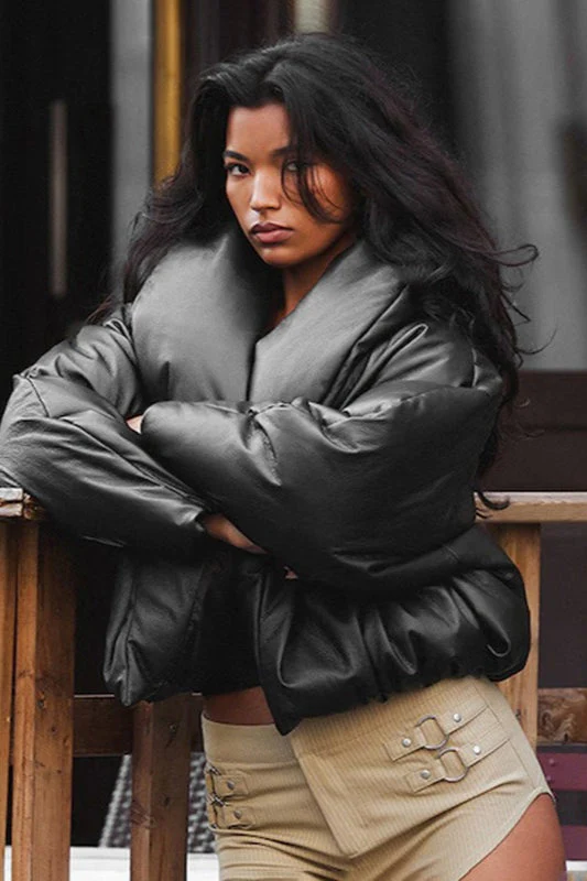 Faux Leather Stand Collar Cropped Puffer Jacket - Image 3