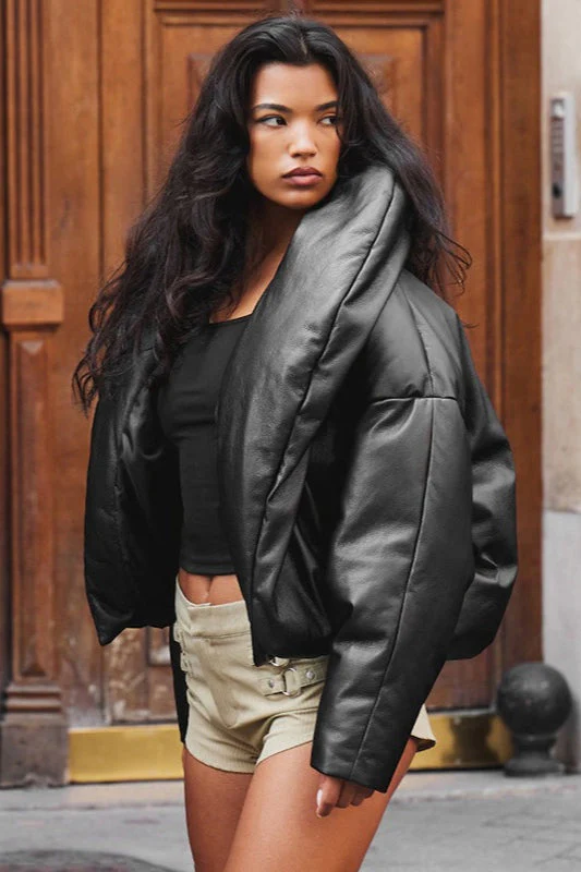 Faux Leather Stand Collar Cropped Puffer Jacket - Image 4