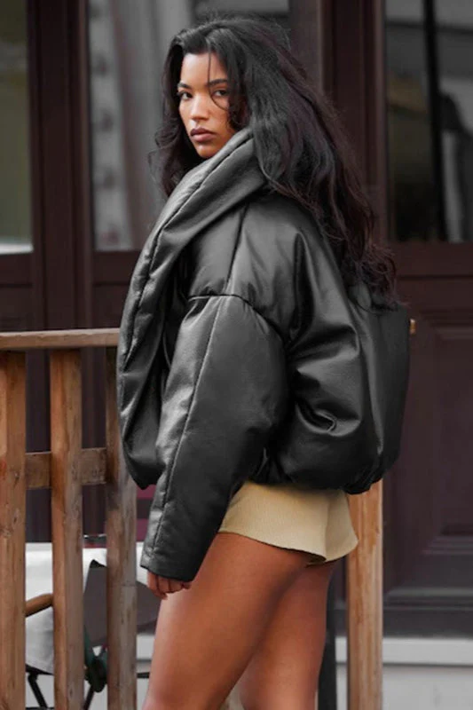 Faux Leather Stand Collar Cropped Puffer Jacket - Image 5