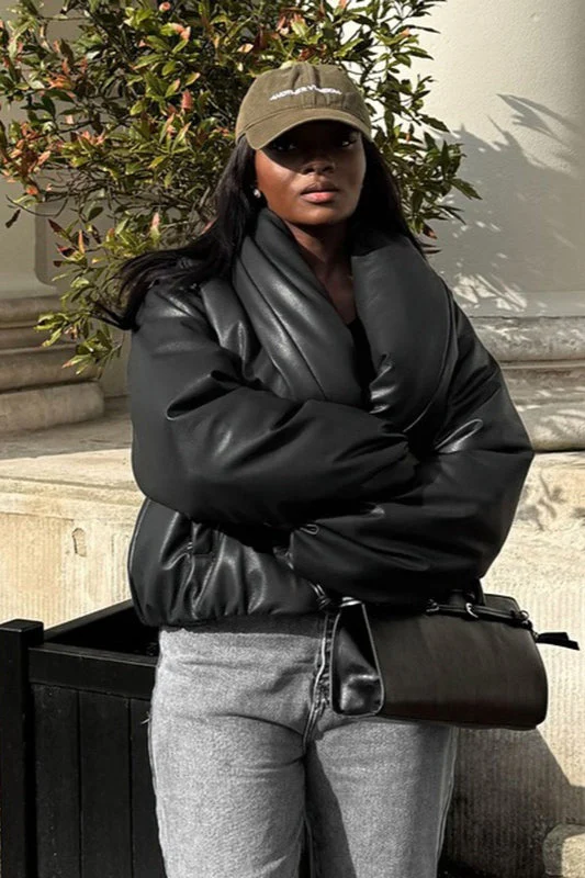 Faux Leather Stand Collar Cropped Puffer Jacket - Image 6