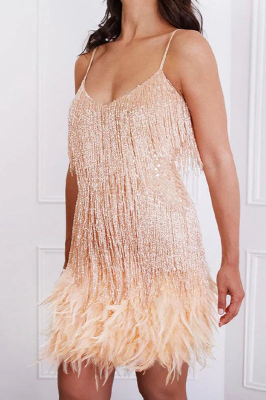 Feather Trim Sequin Cami Party Dress - Image 8