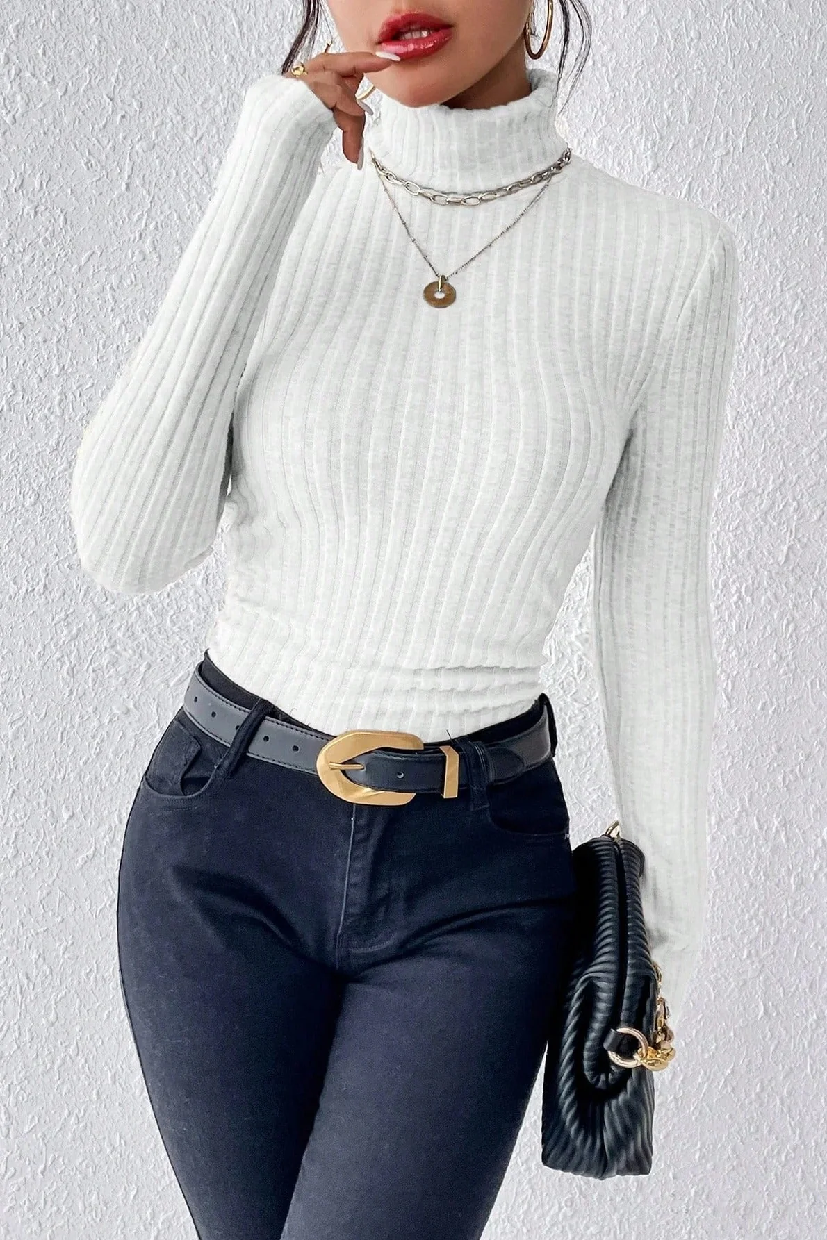 Fitted Long Sleeve Mock Neck Sweater - Image 14