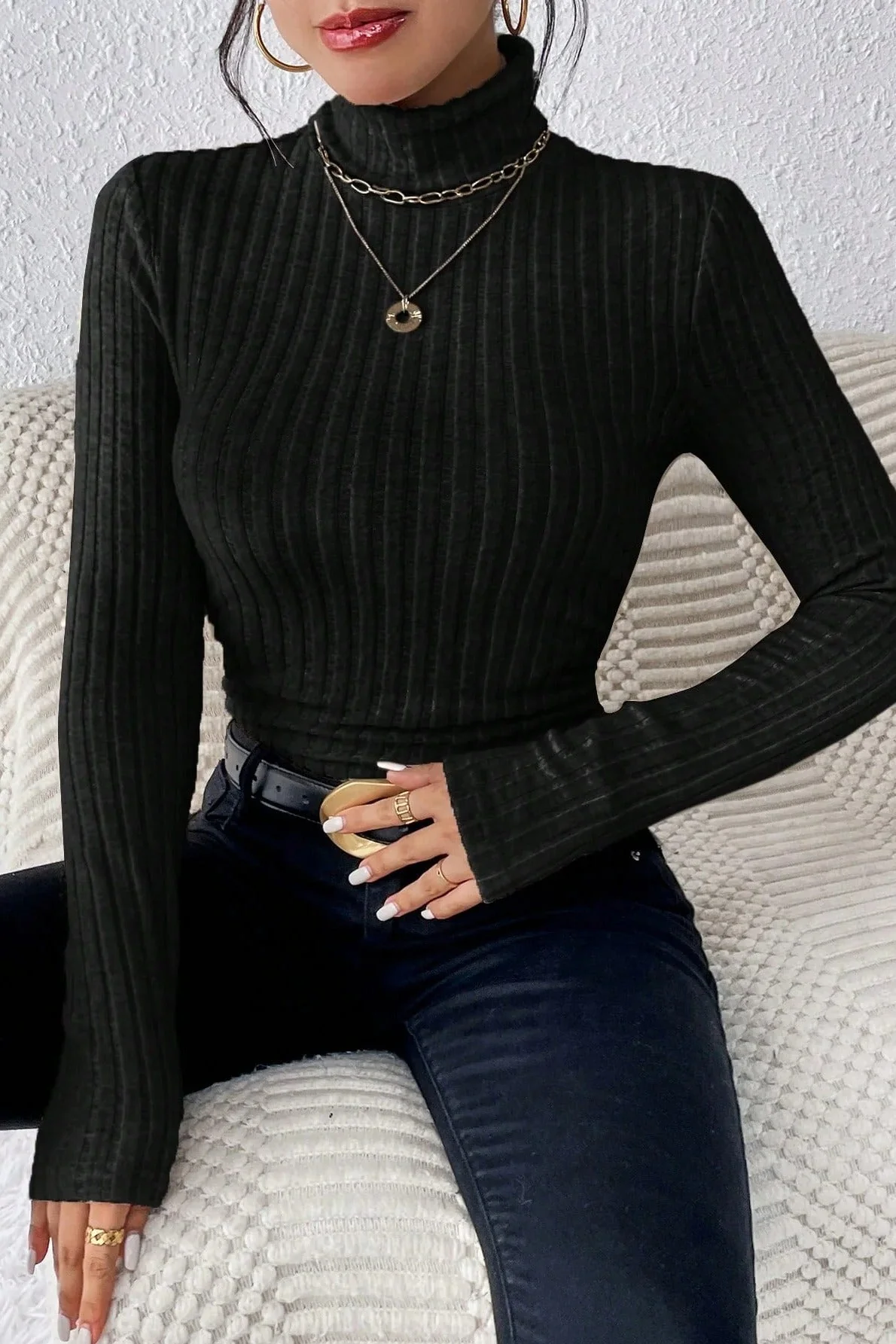 Fitted Long Sleeve Mock Neck Sweater - Image 5