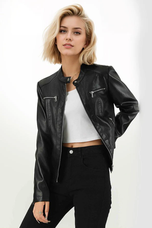 Fitted PU Biker Style Jacket - Image 2