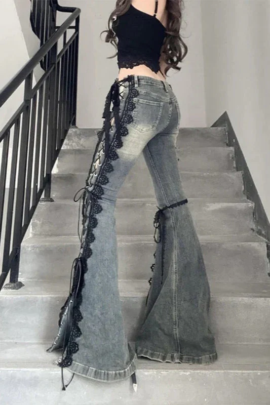 Flare Lace Bandage Denim Jeans - Image 4