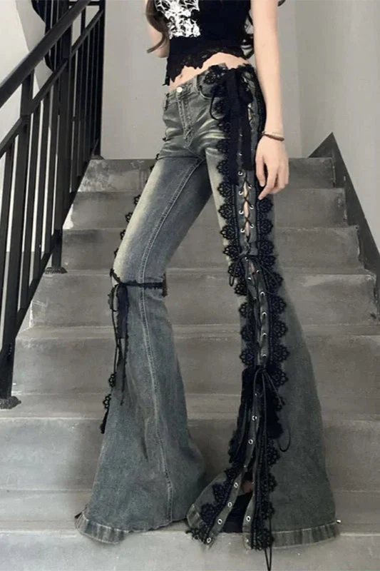 Flare Lace Bandage Denim Jeans - Image 5