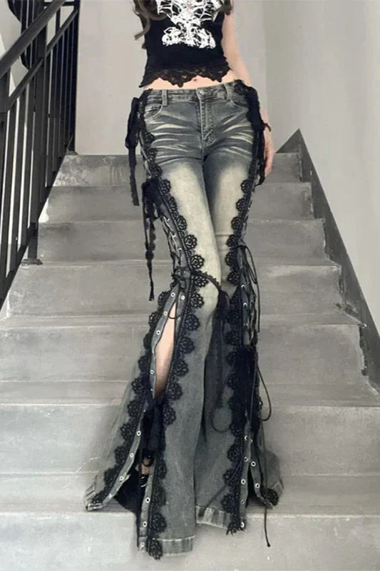 Flare Lace Bandage Denim Jeans - Image 6