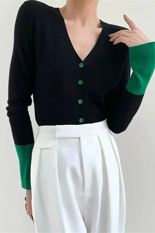 Flare Sleeve Colorblock Knit V-Neck Cardigan - Image 2
