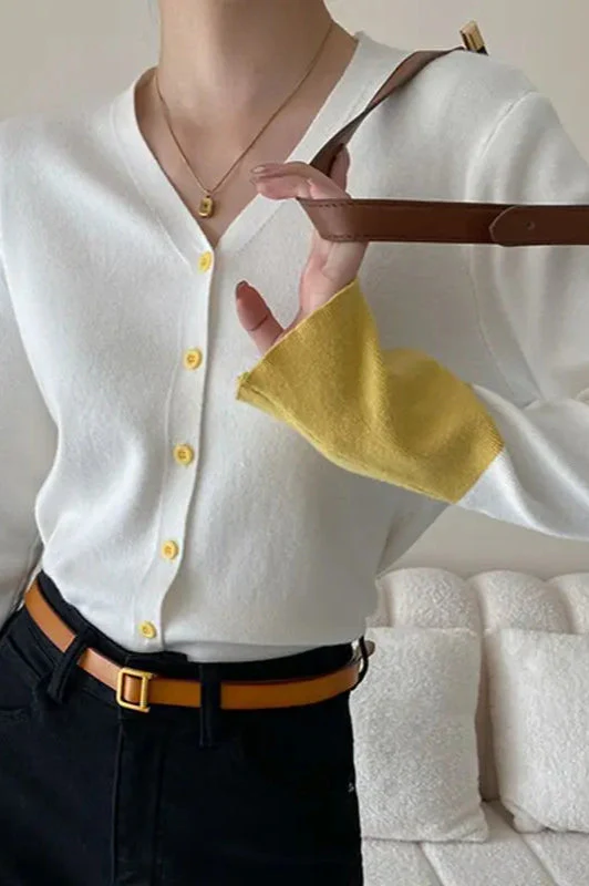 Flare Sleeve Colorblock Knit V-Neck Cardigan - Image 5