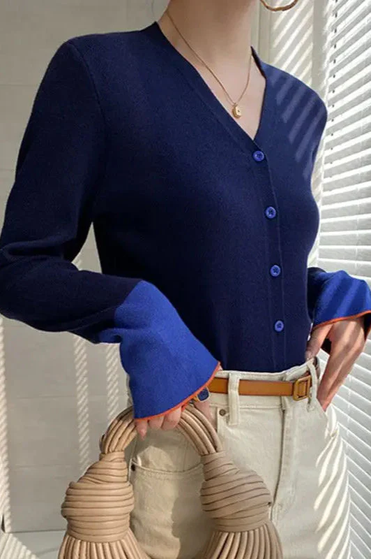 Flare Sleeve Colorblock Knit V-Neck Cardigan - Image 6