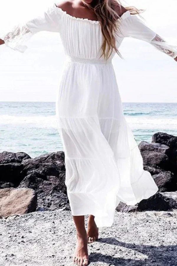 Flare Sleeve Off Shoulder Boho Dress - Image 15