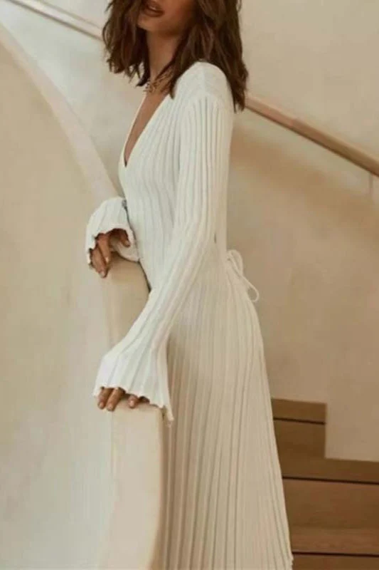 Flare Sleeve V-Neck Sweater Dress - Image 3