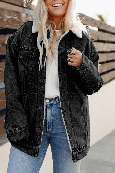 Fleece Lined Denim Bomber Jacket - Image 4
