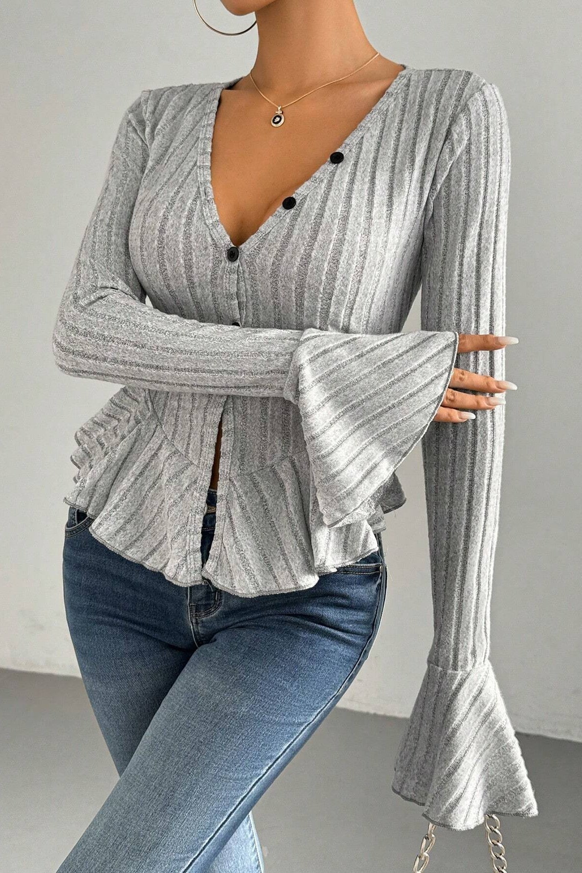 Flounced V-Neck Bodycon Knit Top - Image 2