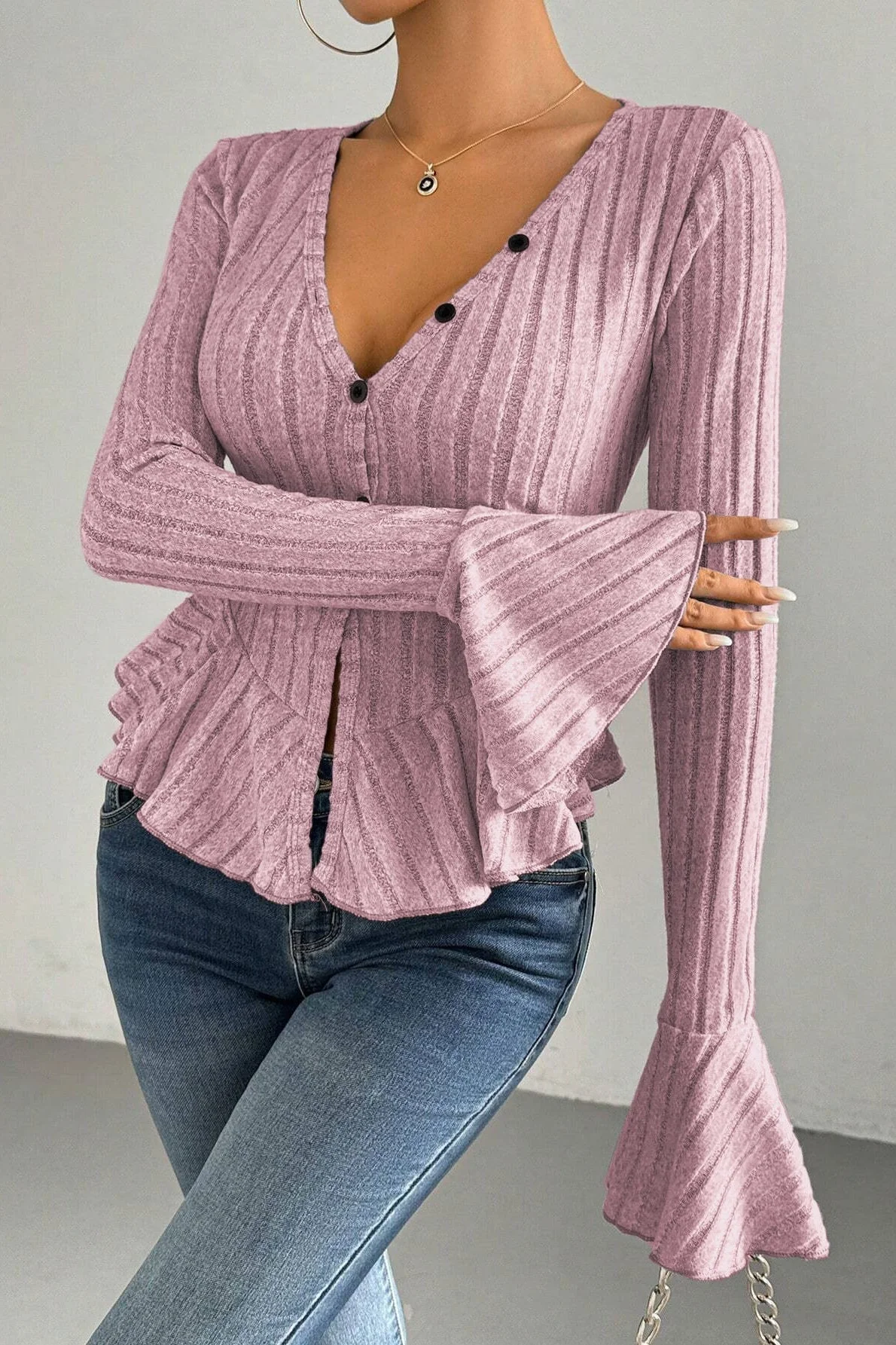 Flounced V-Neck Bodycon Knit Top - Image 4