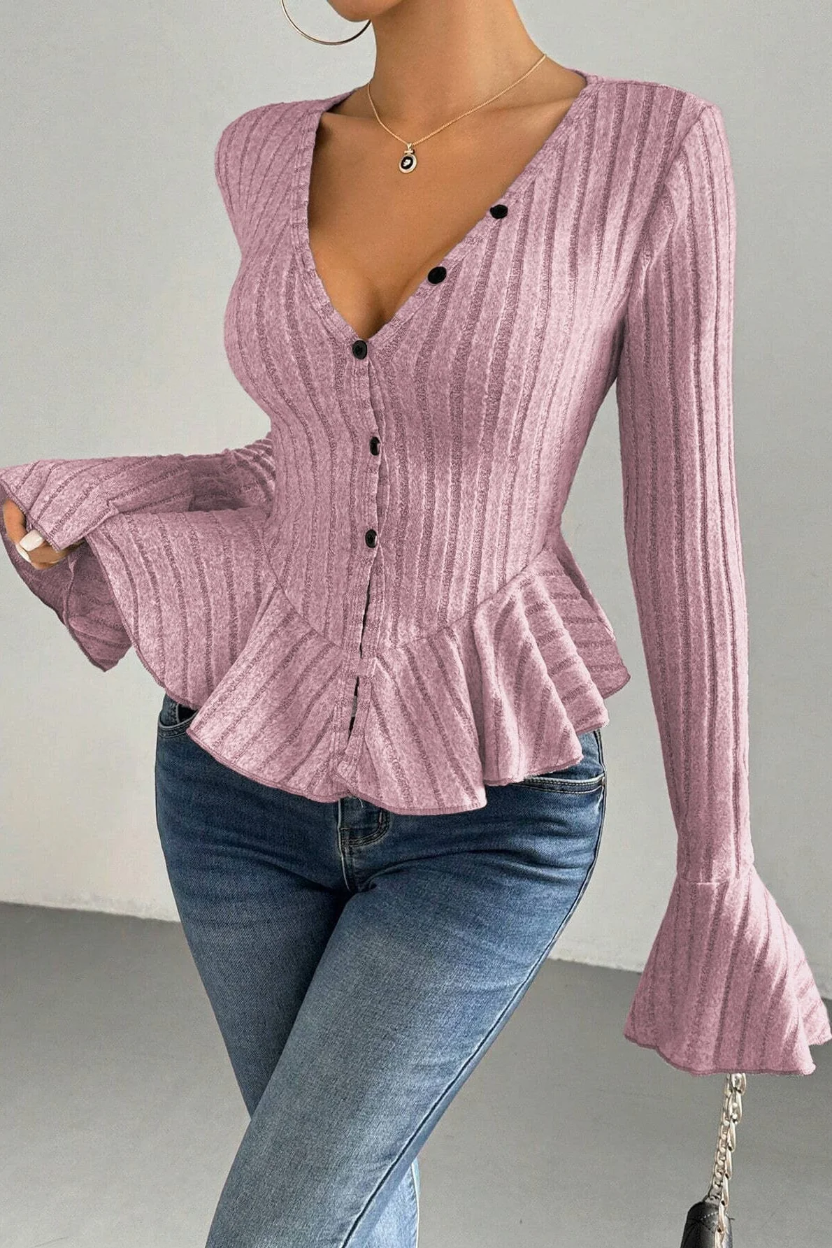 Flounced V-Neck Bodycon Knit Top - Image 5