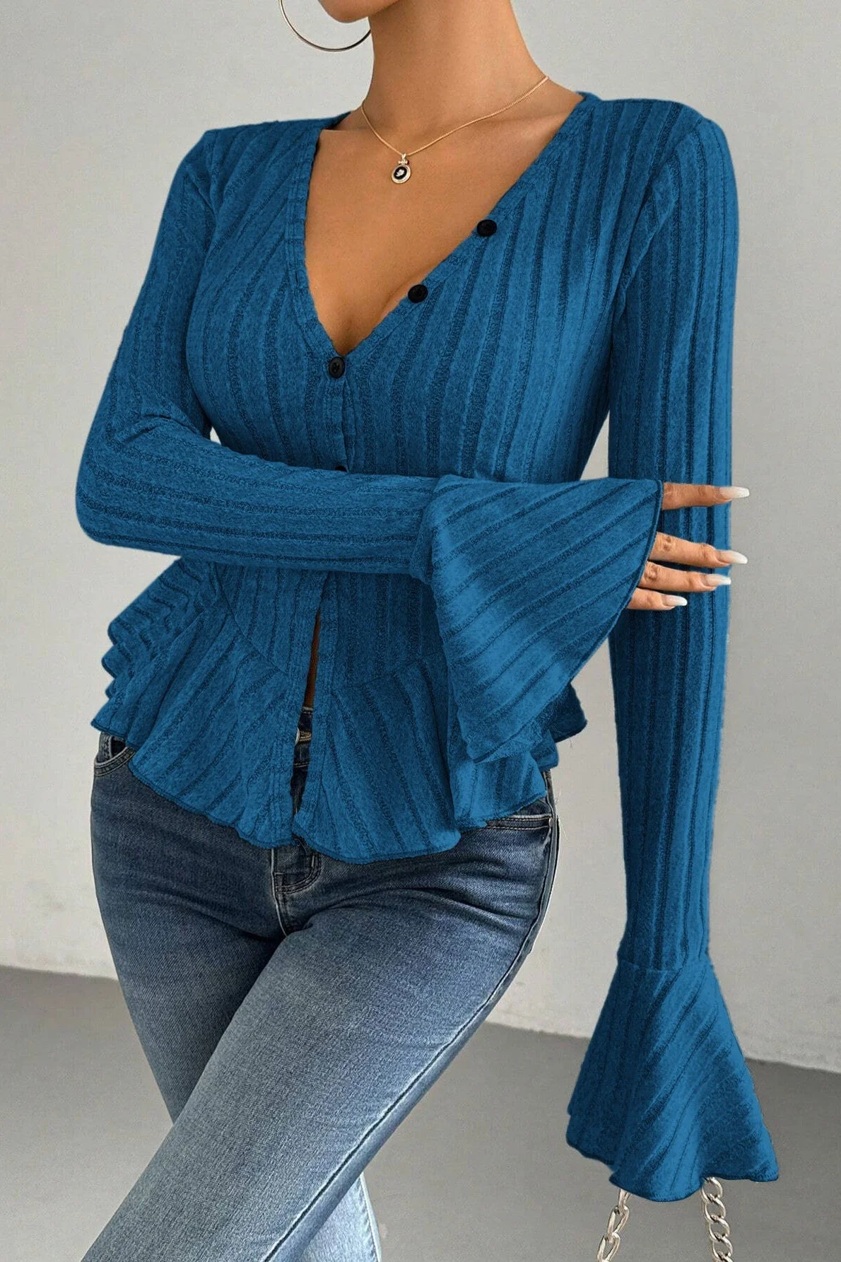 Flounced V-Neck Bodycon Knit Top - Image 6