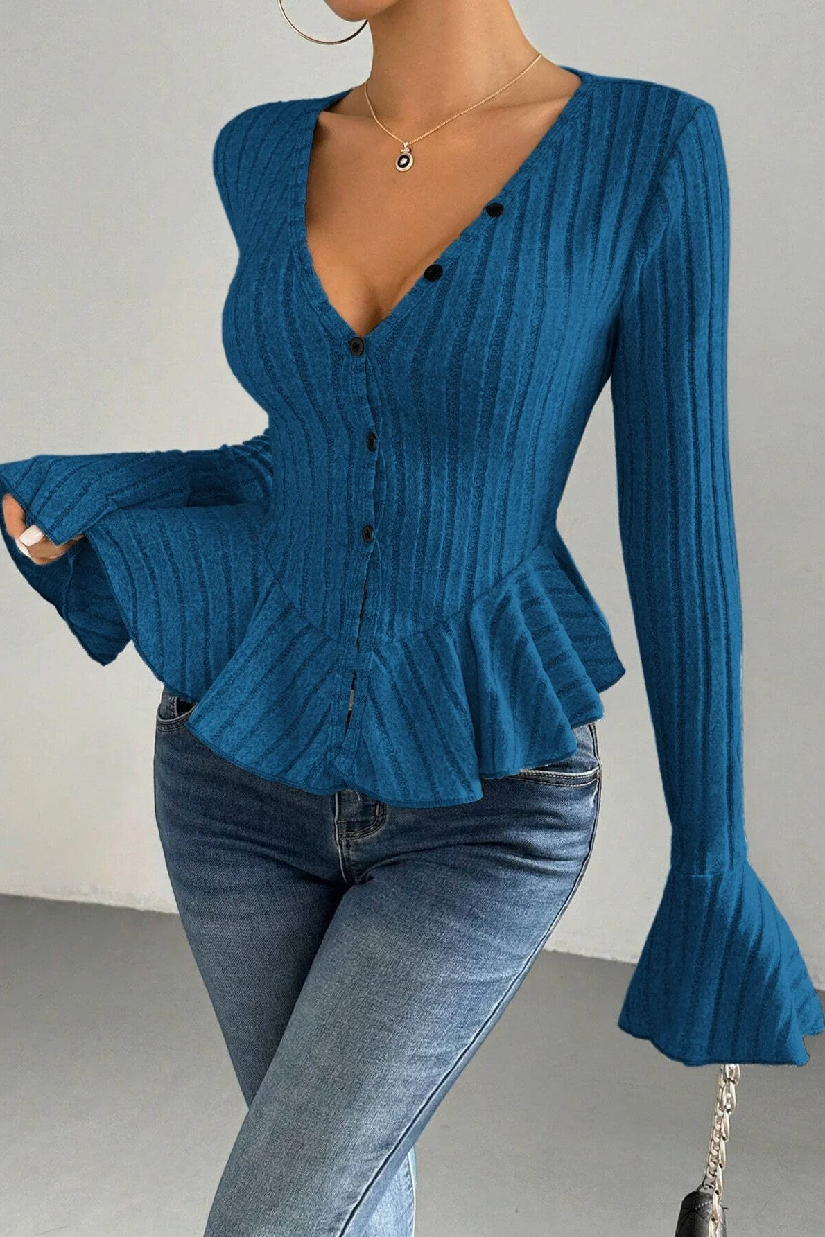 Flounced V-Neck Bodycon Knit Top - Image 7
