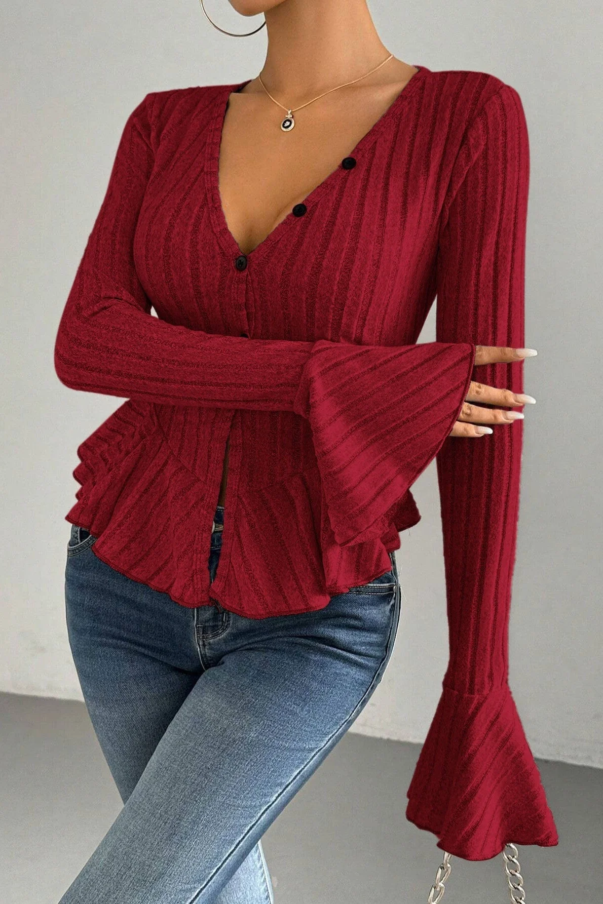 Flounced V-Neck Bodycon Knit Top - Image 8