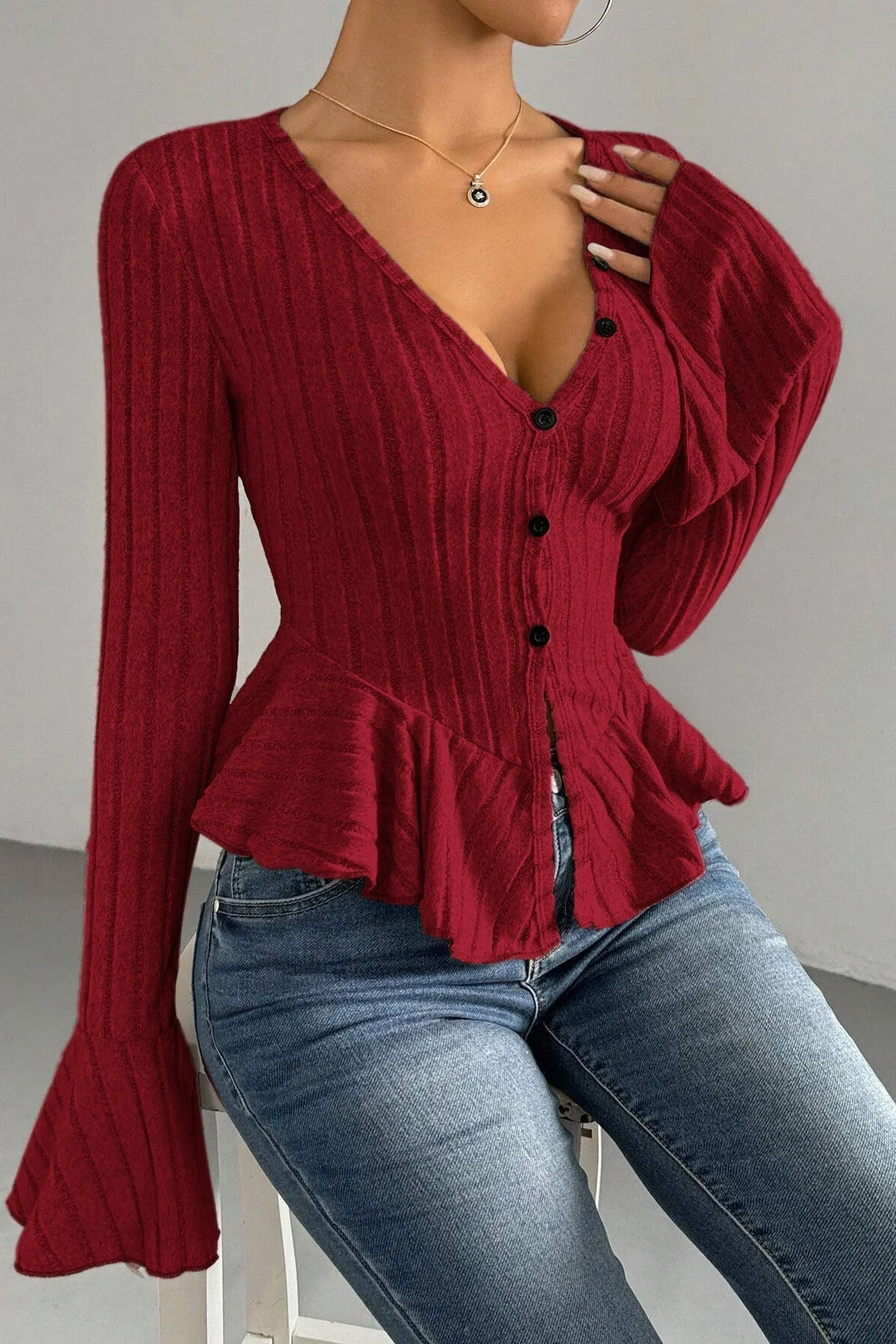 Flounced V-Neck Bodycon Knit Top - Image 9
