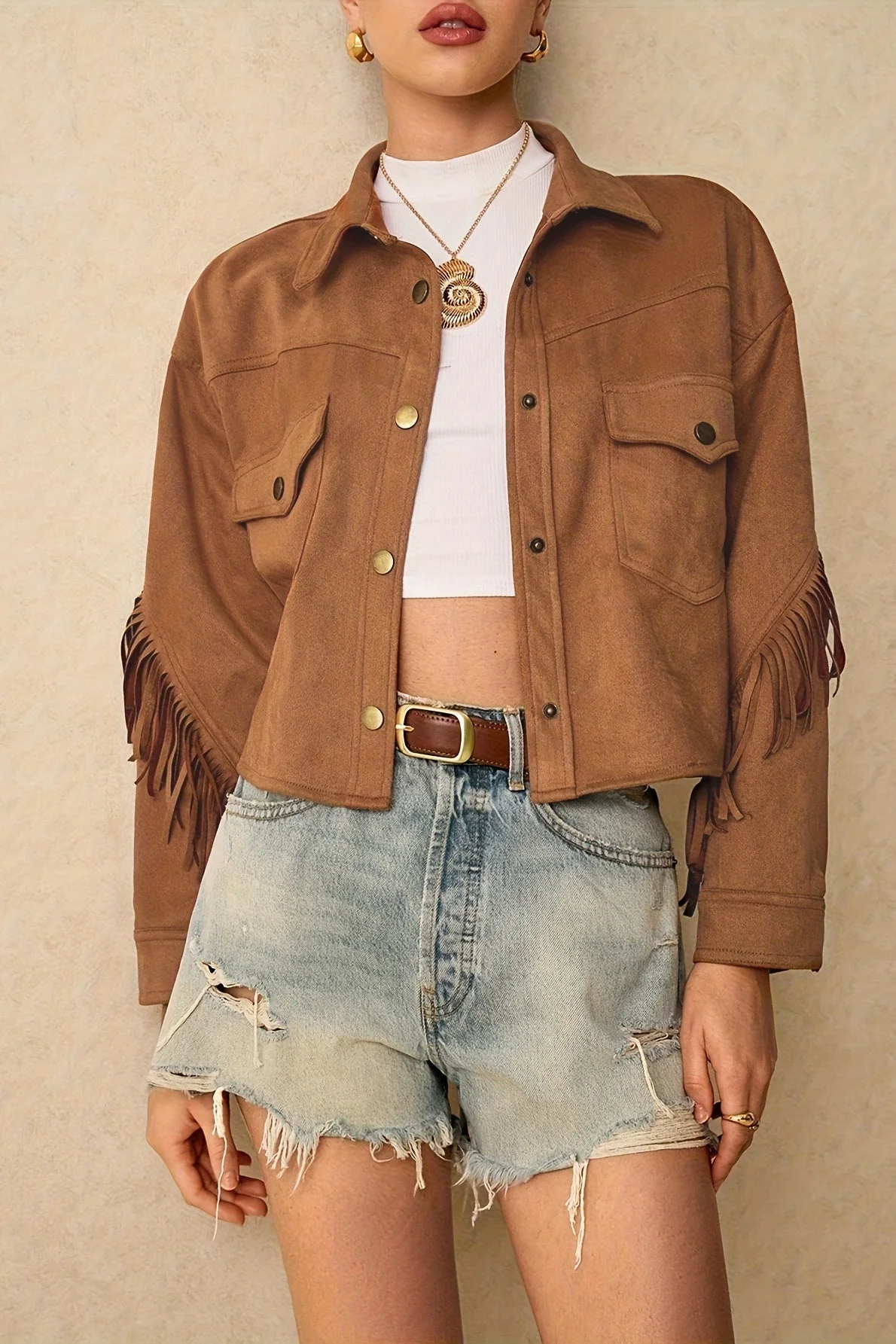 Fringe Trim Drop Shoulder Casual Jacket - Image 2