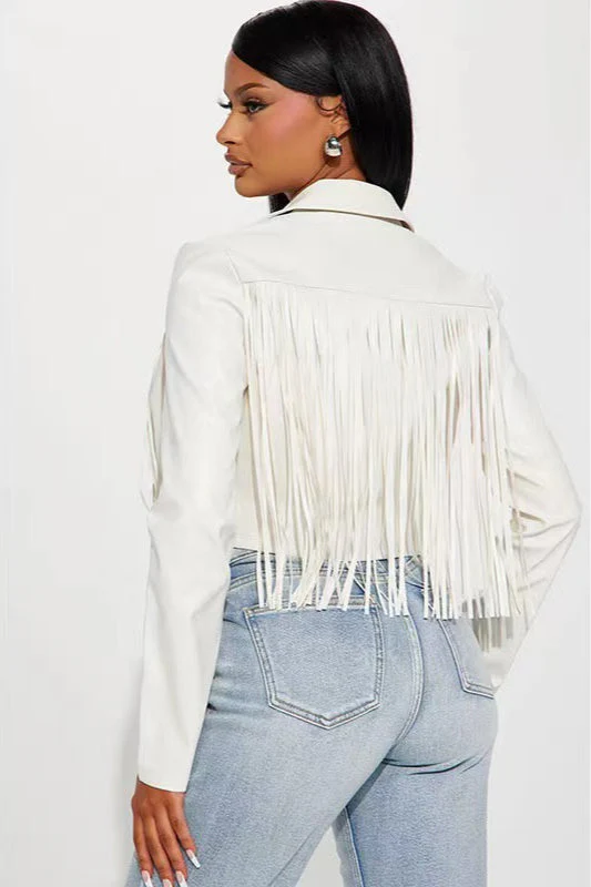 Fringe Trim Faux Leather Cropped Jacket - Image 3