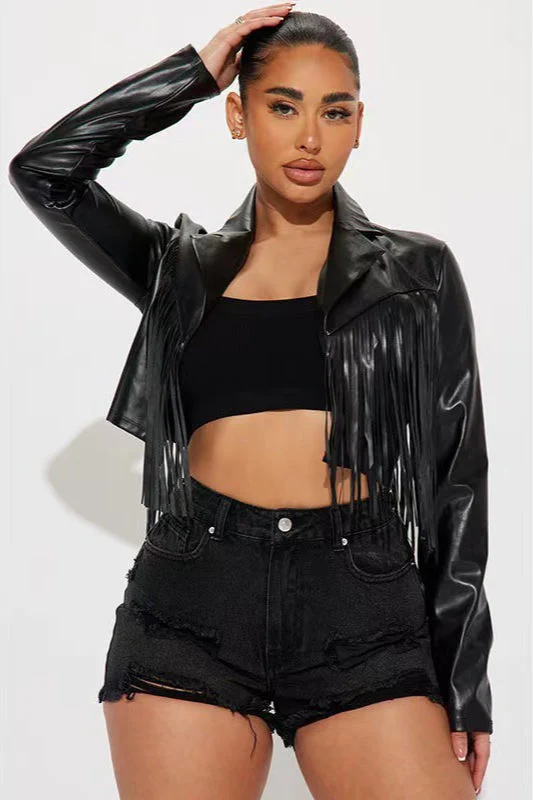 Fringe Trim Faux Leather Cropped Jacket - Image 4