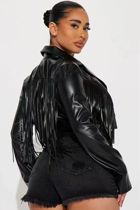 Fringe Trim Faux Leather Cropped Jacket - Image 6