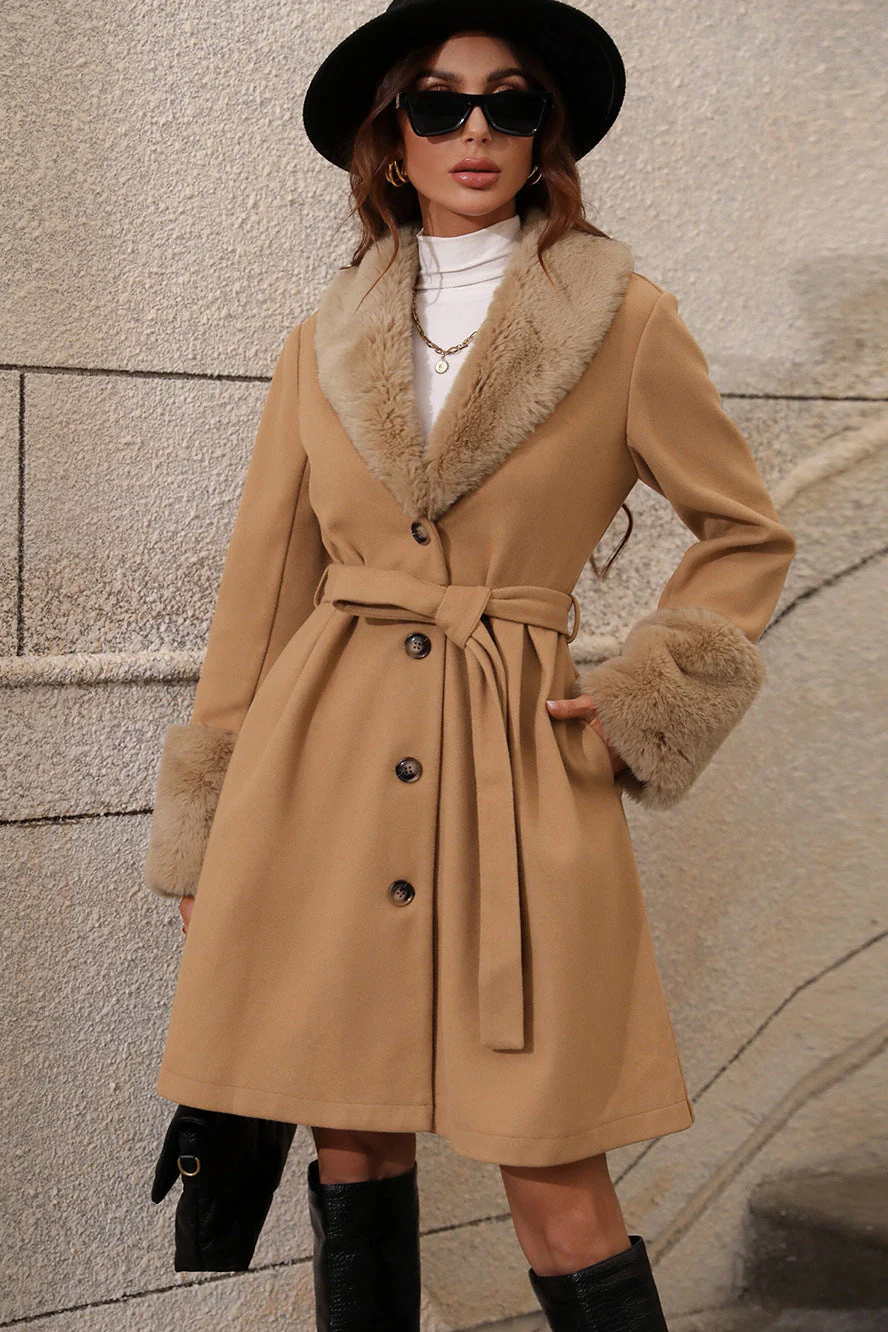 Fur Collar Belted Midi Trench Coat - Image 2