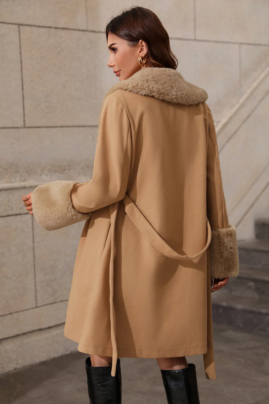 Fur Collar Belted Midi Trench Coat - Image 6