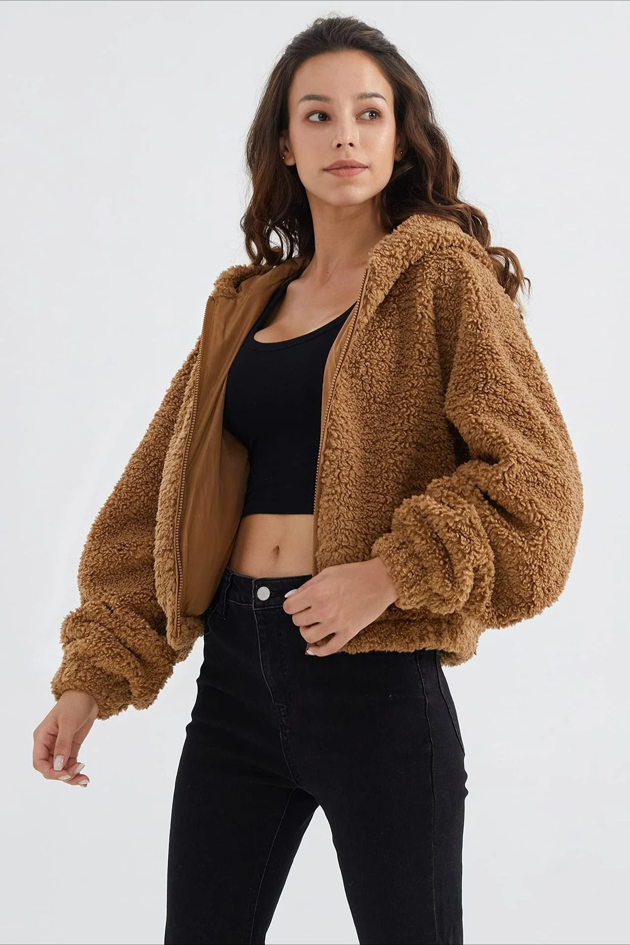 Fuzzy Hooded Zip Short Jacket - Image 10