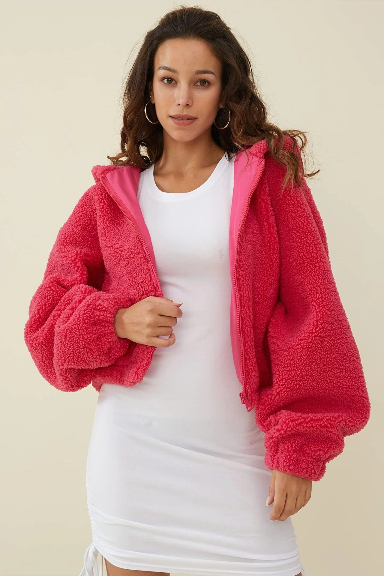 Fuzzy Hooded Zip Short Jacket - Image 4