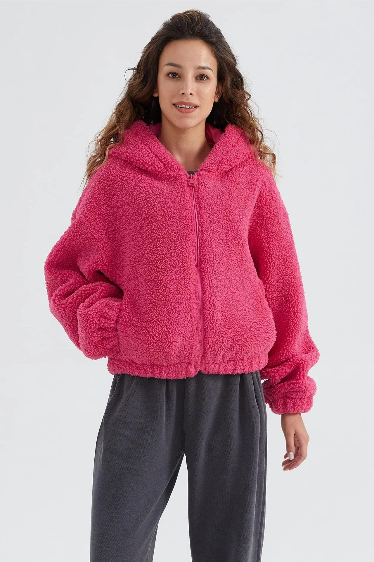 Fuzzy Hooded Zip Short Jacket - Image 5