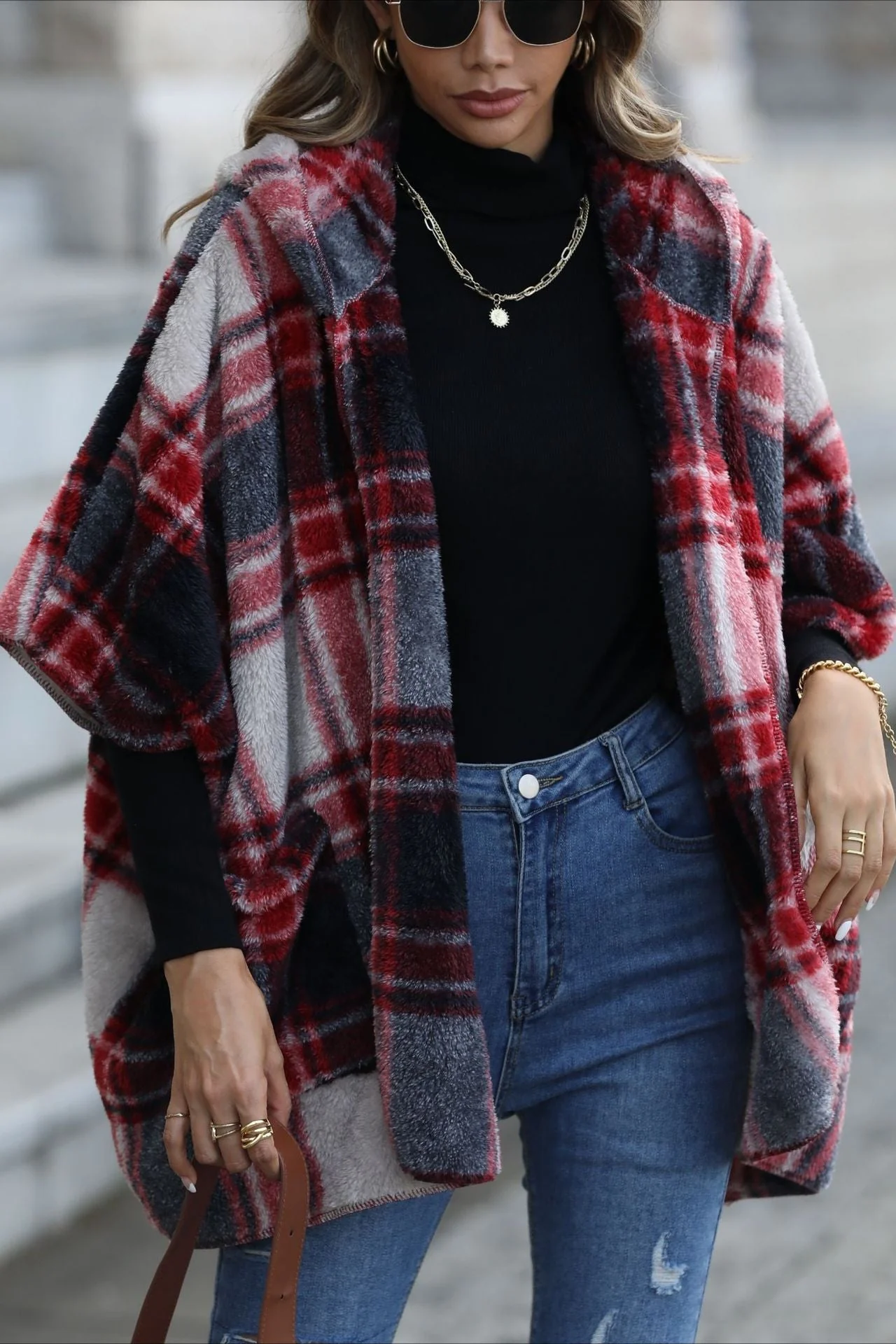 Fuzzy Plaid Hooded Short Sleeve Coat - Image 2