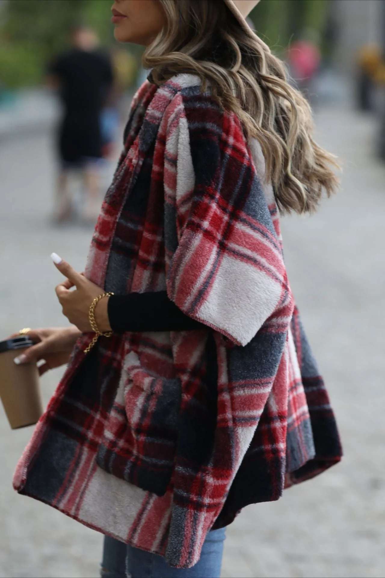Fuzzy Plaid Hooded Short Sleeve Coat - Image 3