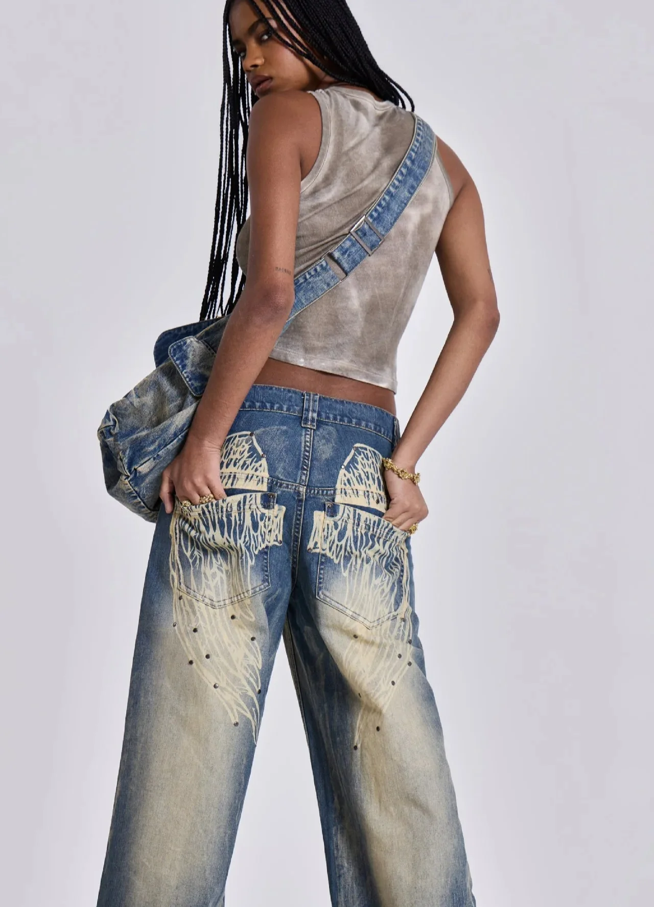 Gradient Wing Print Wide Leg Jeans - Image 2