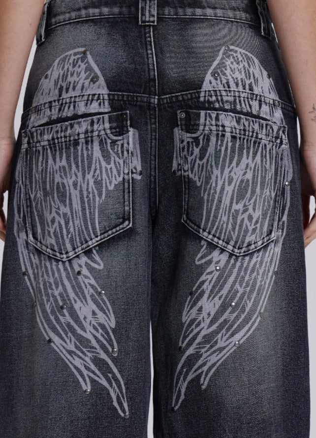 Gradient Wing Print Wide Leg Jeans - Image 9