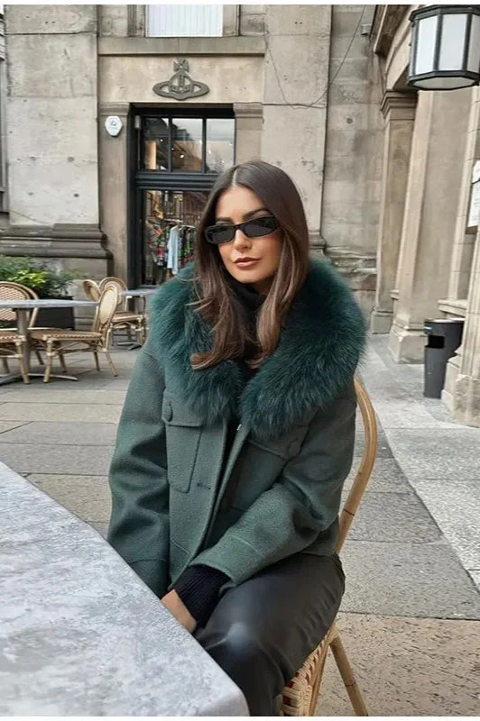 Green Detachable Fur Collar Wool Jacket - Image 2