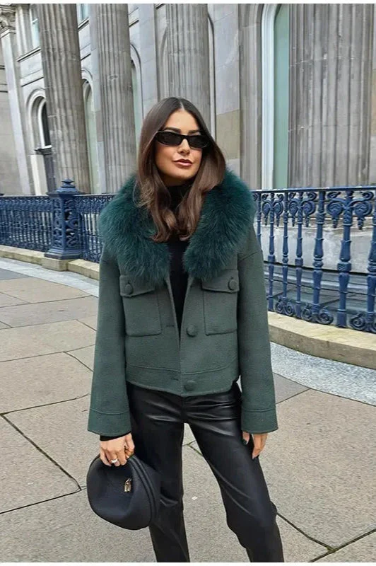 Green Detachable Fur Collar Wool Jacket - Image 3