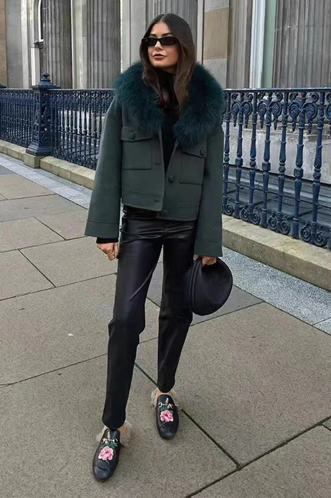 Green Detachable Fur Collar Wool Jacket - Image 4