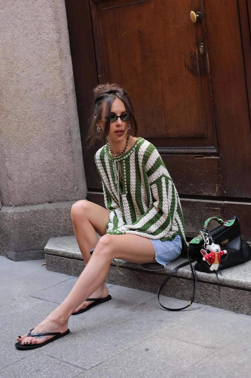Green White Striped Tie Front Sweater - Image 3